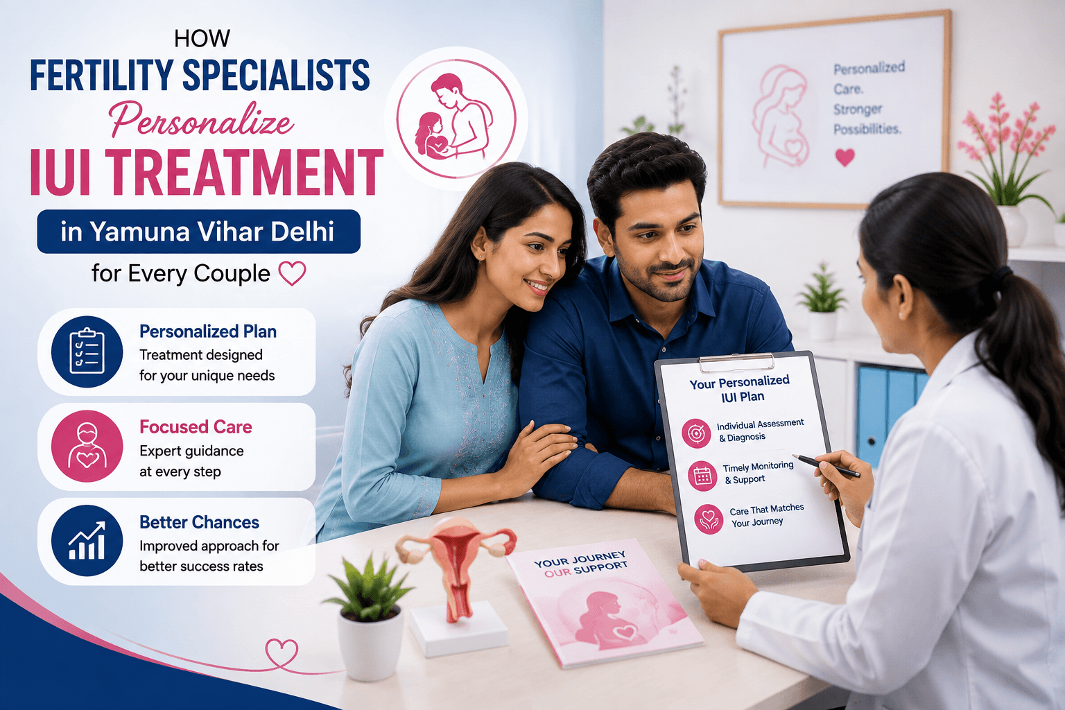 Fertility specialist discussing personalized IUI treatment with a couple in Yamuna Vihar, Delhi.